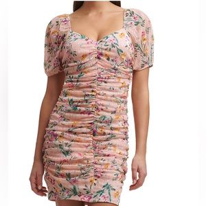 Floral laced ruched dress